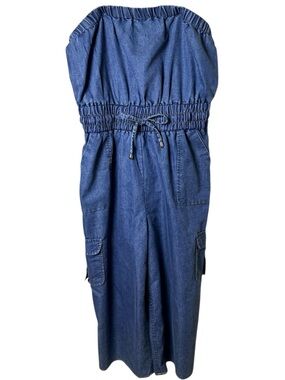 BLUSH Large Denim Strapless Cargo One-Piece Jumpsuit - Blue